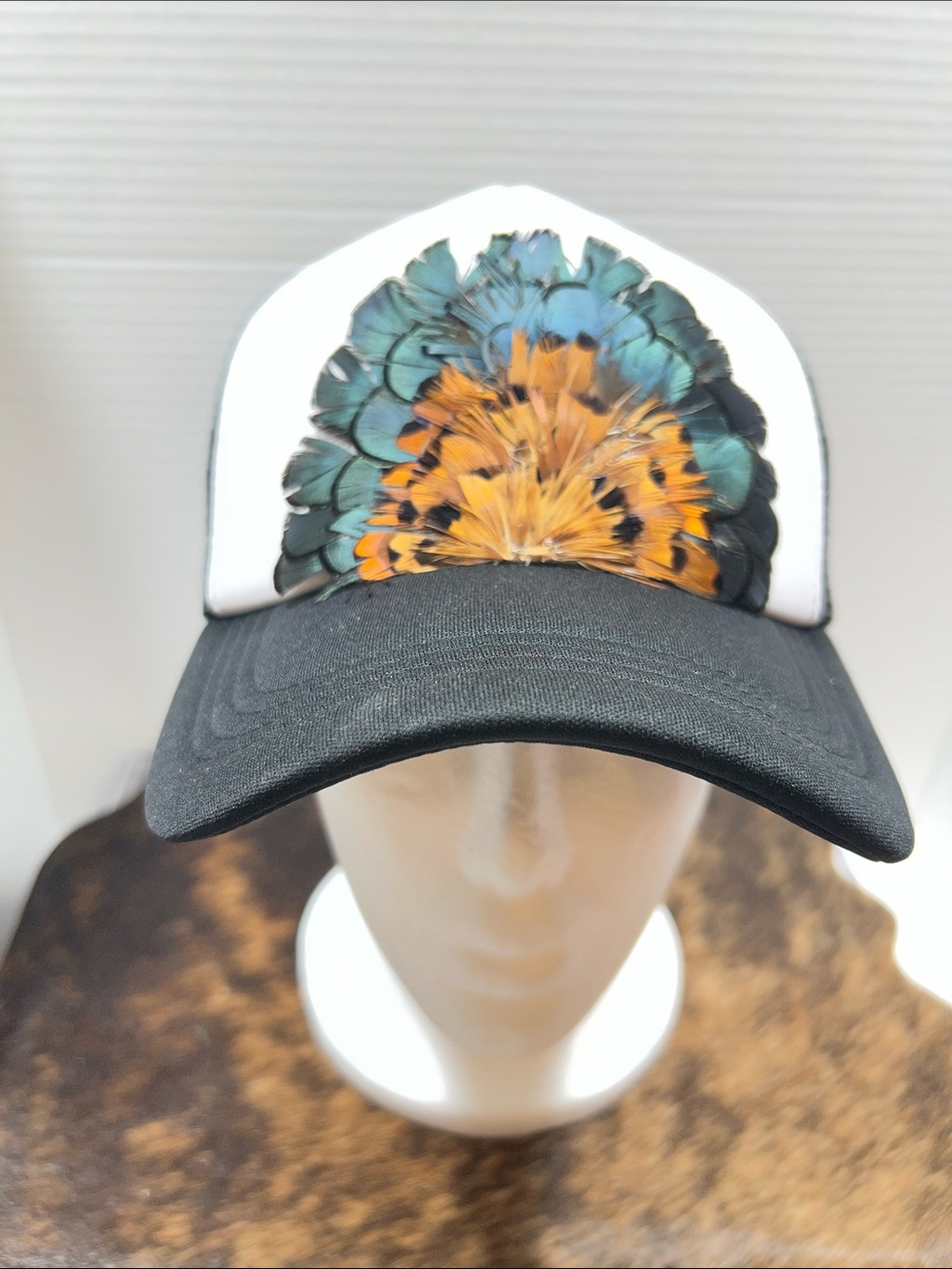 Black & White Trucker Hat with Turquoise Feather Embroidery. $45 retail!! - Picture 7 of 8